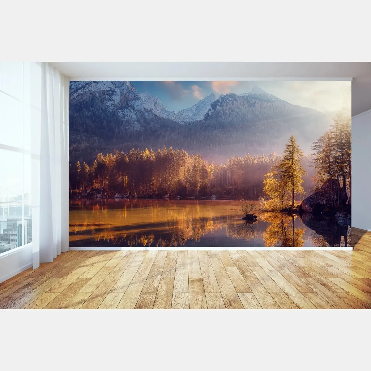 Fototapete goldener sonnenaufgang über bergsee – Pixers®