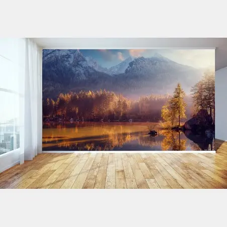 Fototapete goldener sonnenaufgang über bergsee – Pixers®