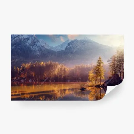 Fototapete goldener sonnenaufgang über bergsee – Pixers®