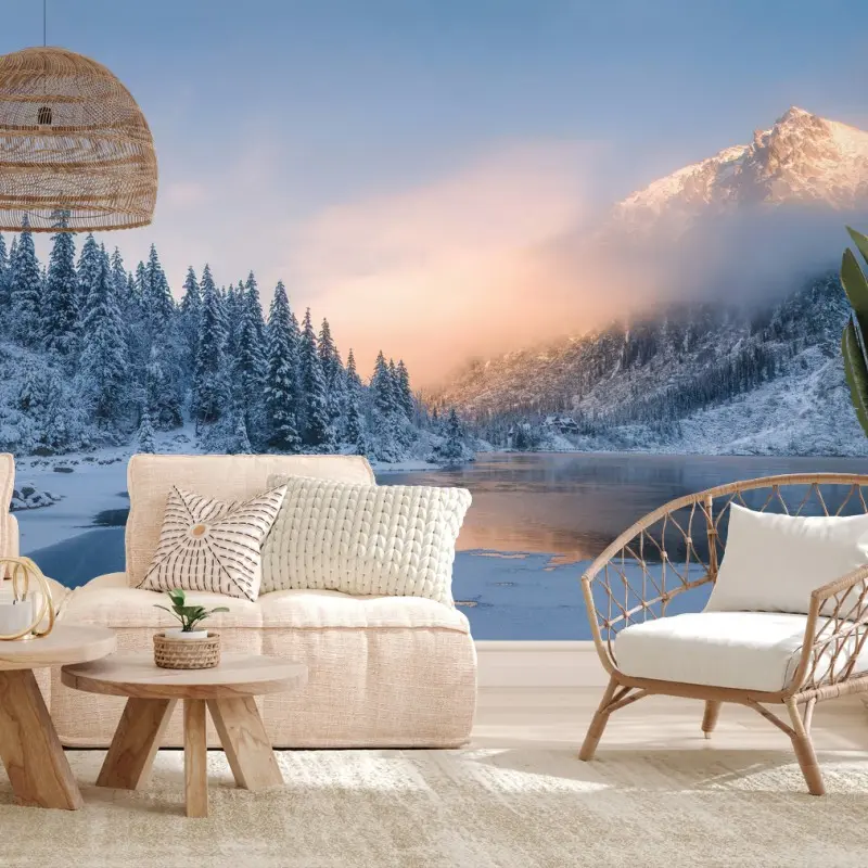 Fototapete winterlicher sonnenaufgang über dem bergsee