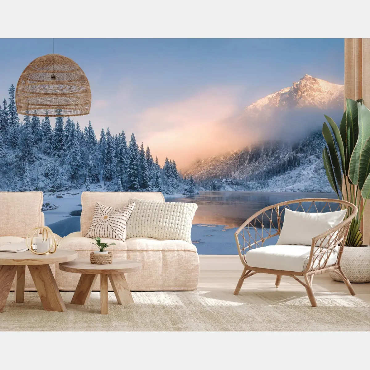 Fototapete winterlicher sonnenaufgang über dem bergsee – Pixers®