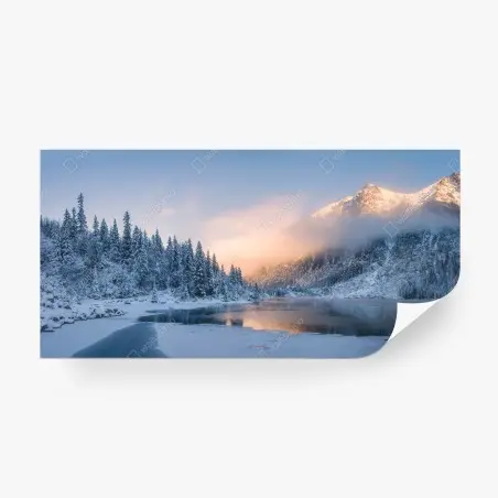 Fototapete winterlicher sonnenaufgang über dem bergsee – Pixers®