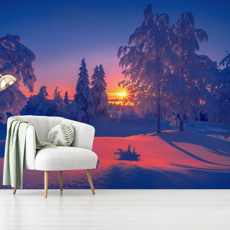 Fototapete winterlicher sonnenuntergang im verschneiten wald