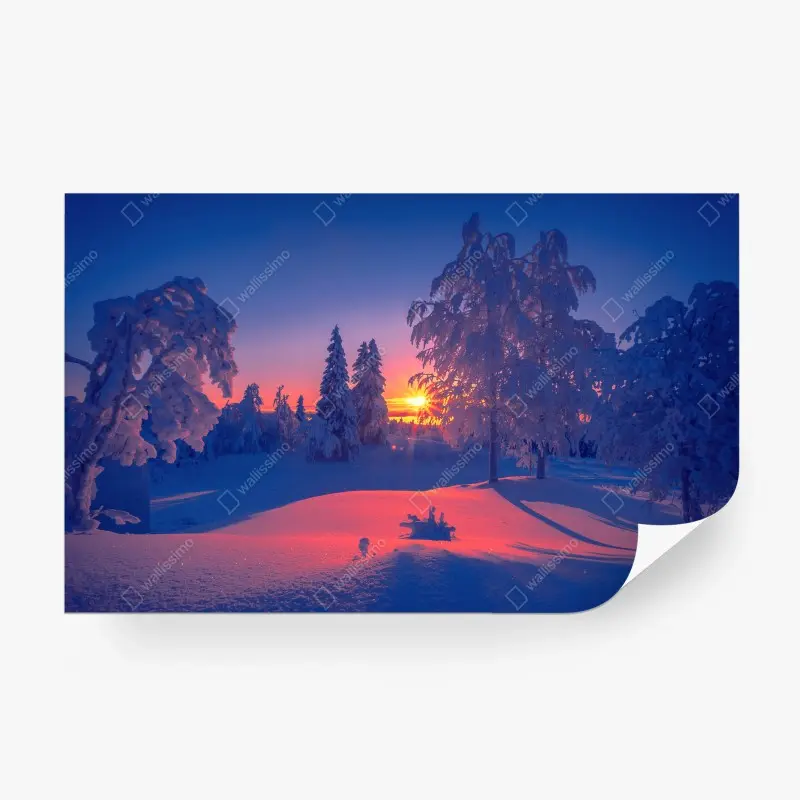 Fototapete winterlicher sonnenuntergang im verschneiten wald