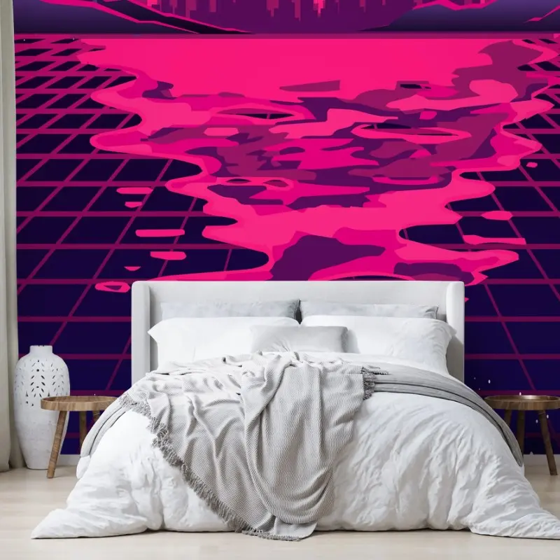 Fototapete neon synthwave sonnenuntergang über der stadt