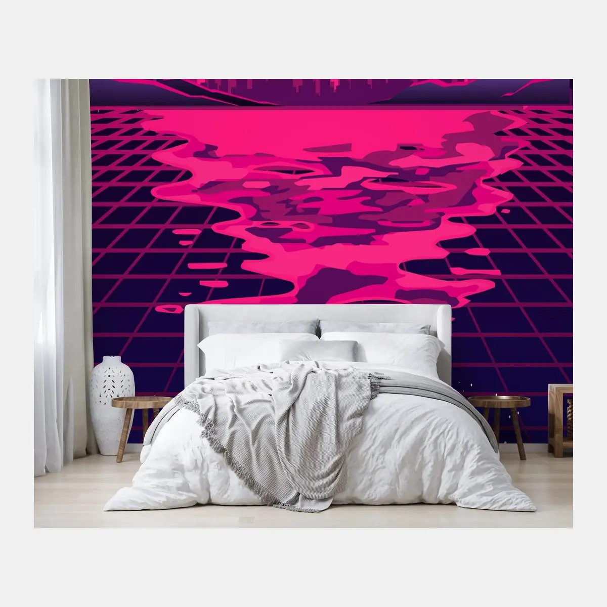 Fototapete neon synthwave sonnenuntergang über der stadt – Pixers®