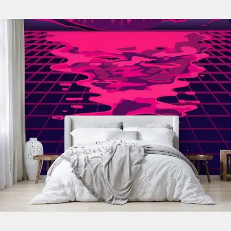 Fototapete neon synthwave sonnenuntergang über der stadt – Pixers®