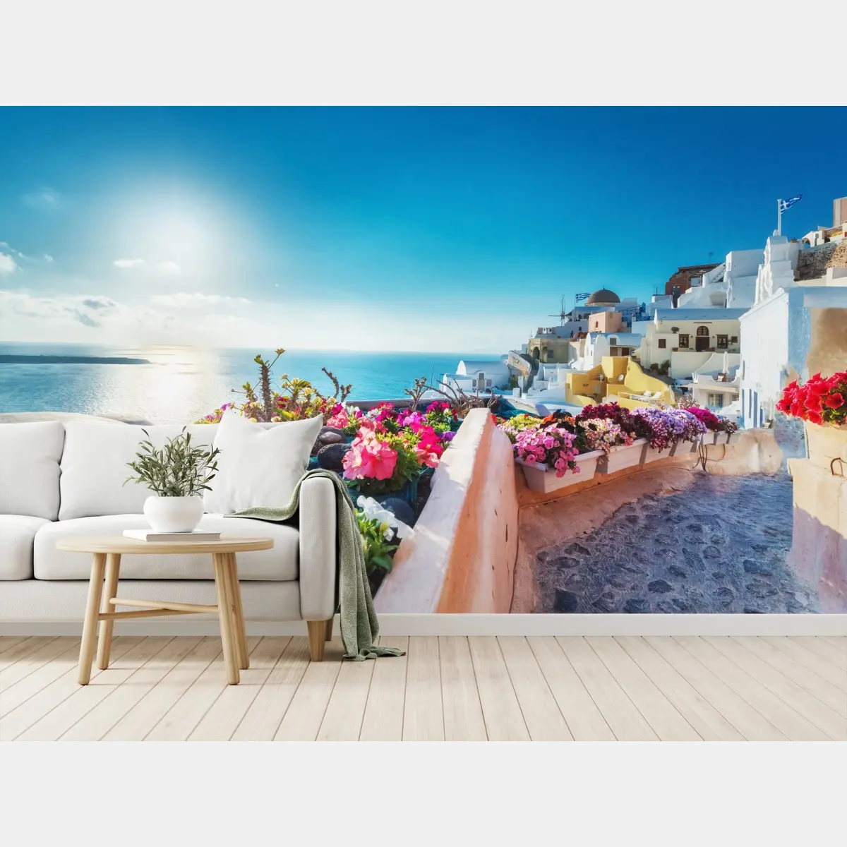 Fototapete Santorini terrasse mit blühenden blumen – Pixers®