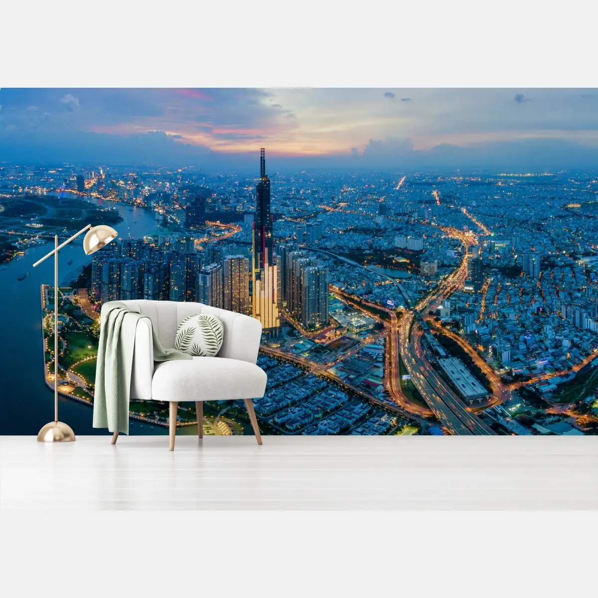 Fototapete stadtpanorama bei dämmerung am fluss – Pixers®