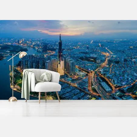 Fototapete stadtpanorama bei dämmerung am fluss – Pixers®