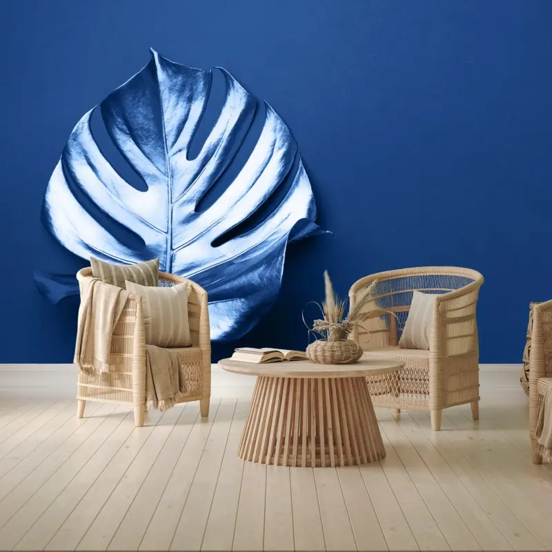 Fototapete blaues monstera-blatt minimalistische kunst