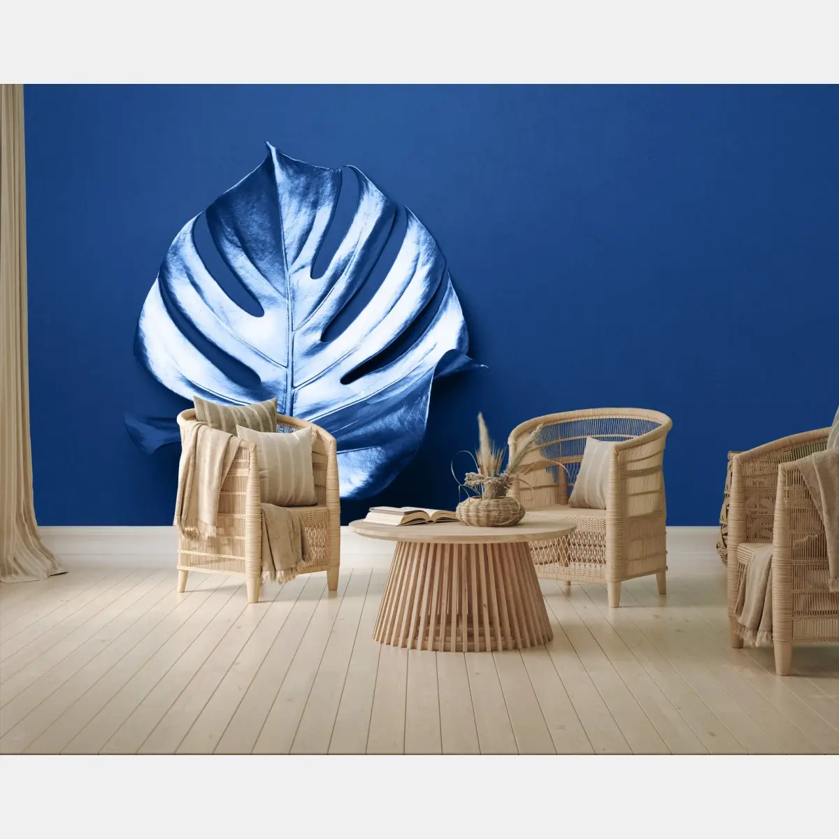 Fototapete blaues monstera-blatt minimalistische kunst – Pixers®
