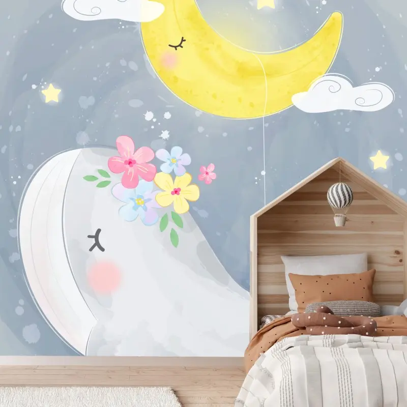 Fototapete schlafender wal und mond fürs kinderzimmer