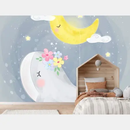 Fototapete schlafender wal und mond fürs kinderzimmer – Pixers®