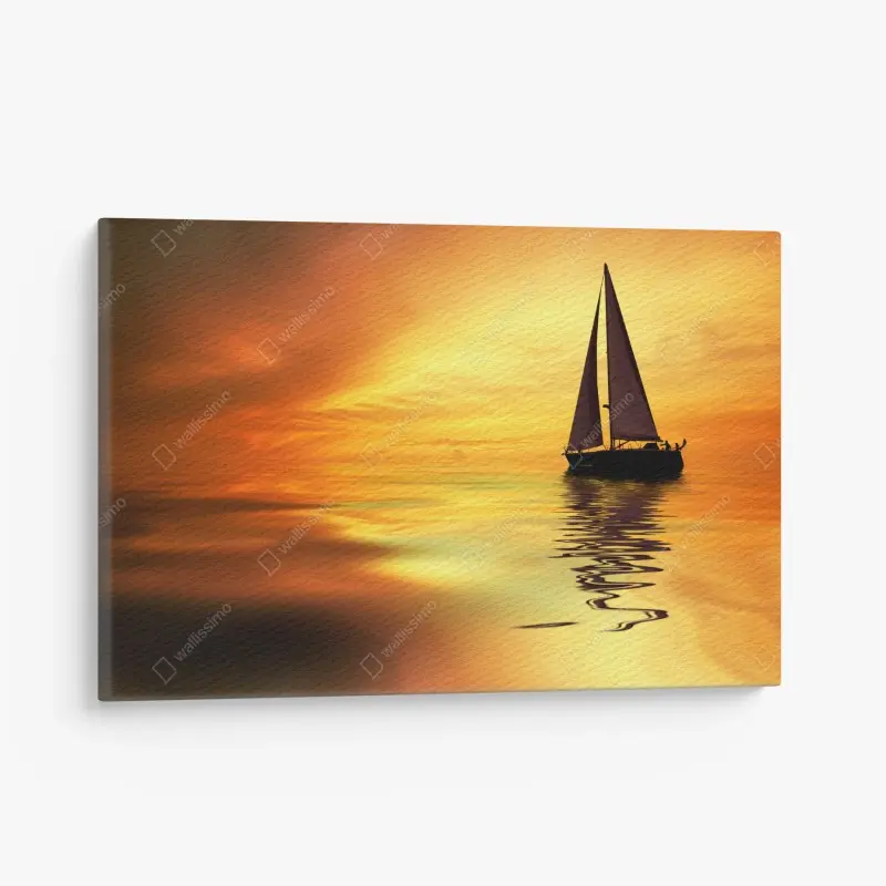 Leinwandbild segelboot bei goldenem sonnenuntergang