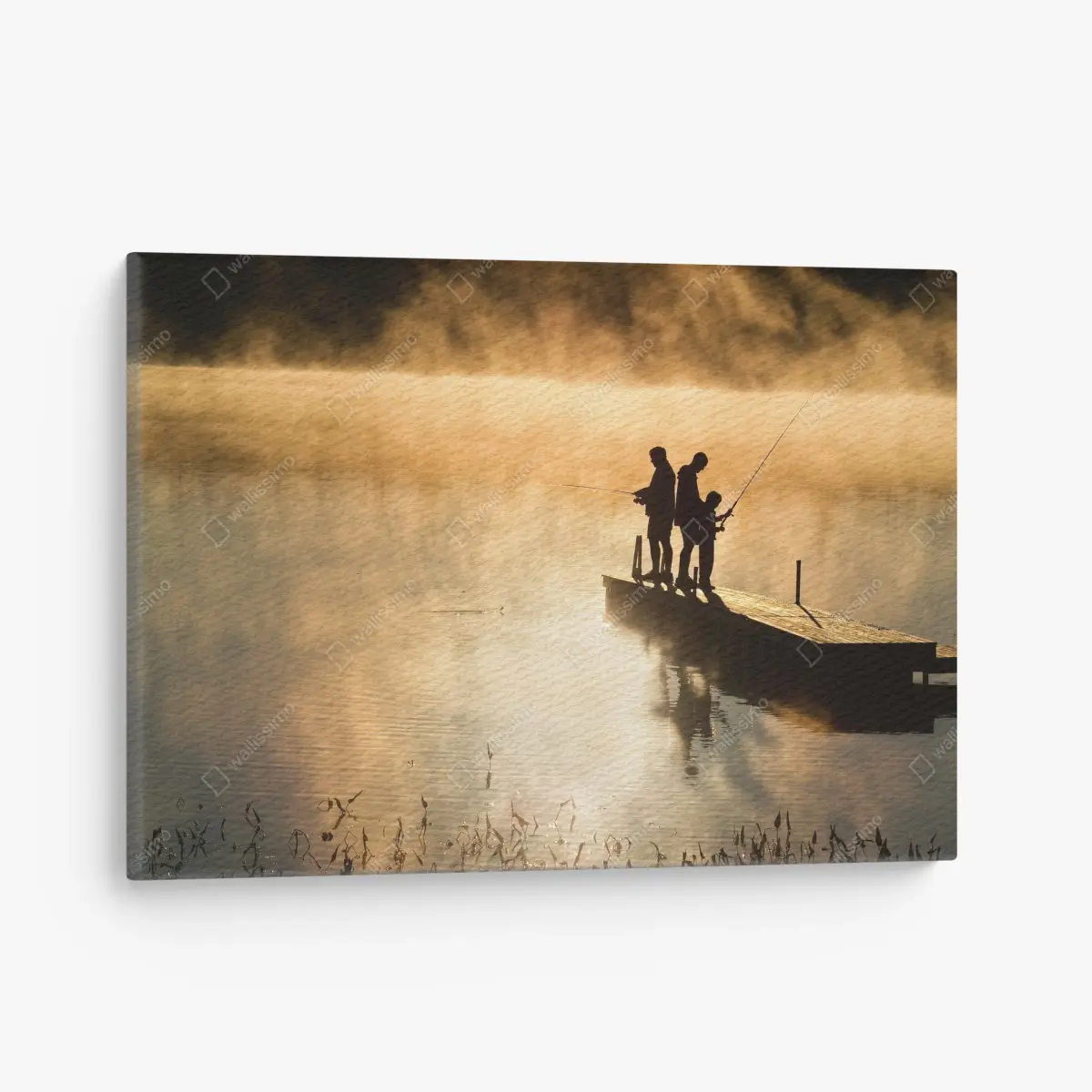 Leinwandbild goldener morgen am see beim angeln – Pixers®