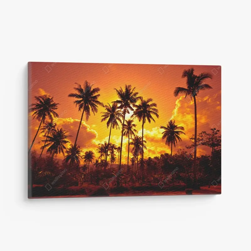 Leinwandbild tropischer sonnenuntergang mit palmensilhouetten