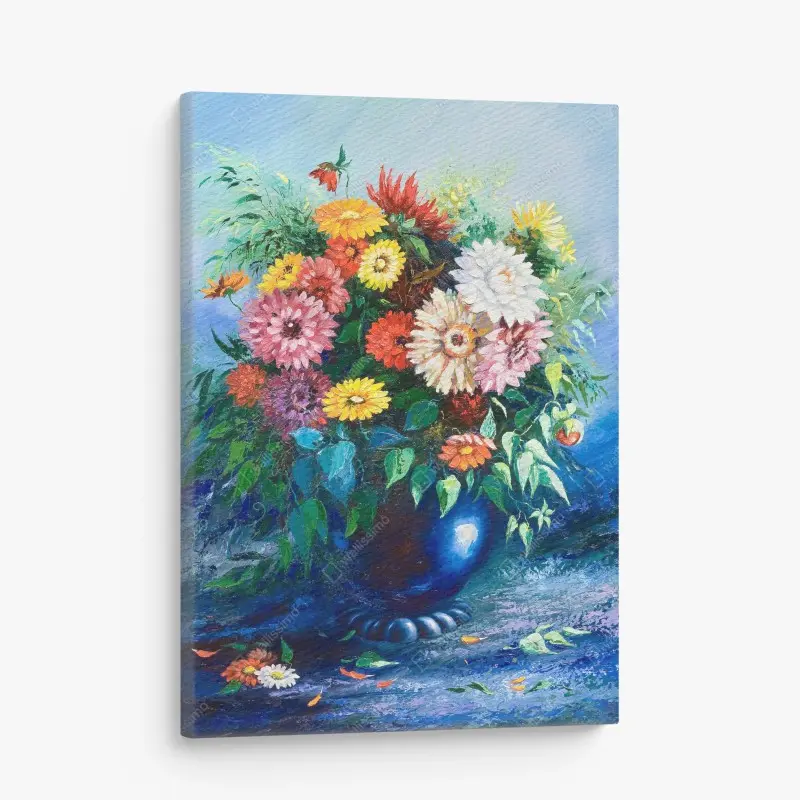Leinwandbild lebendiger wildblumenstrauß in blauer vase