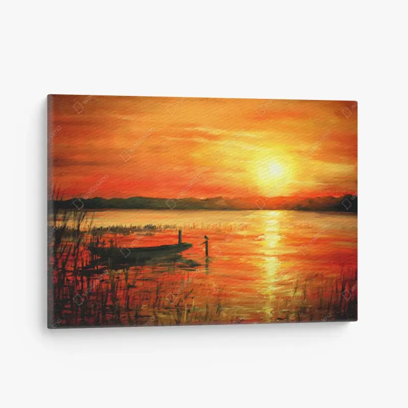 Leinwandbild goldener sonnenuntergang über einem ruhigen see