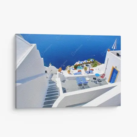 Leinwandbild Santorini weiße terrassen über dem tiefblauen meer – Pixers®