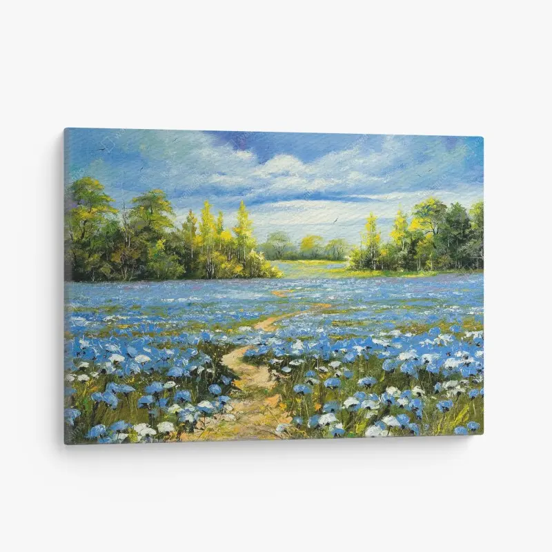 Leinwandbild pfad durch eine blaue kornblumenwiese