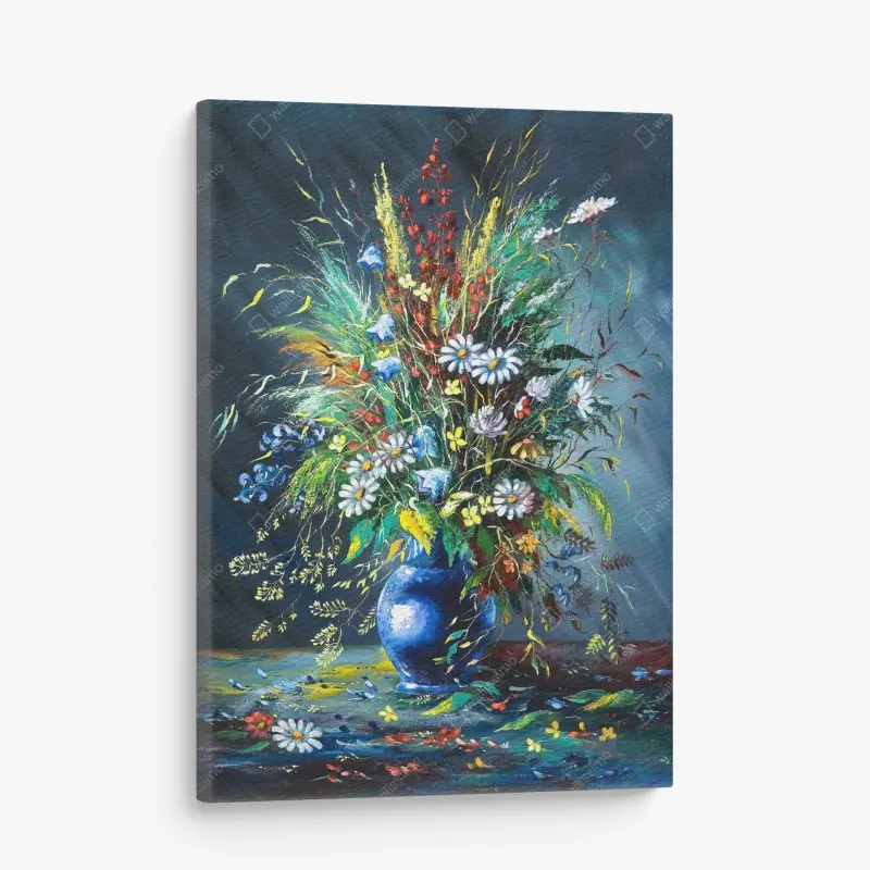 Leinwandbild strauß wilder blumen in blauer vase