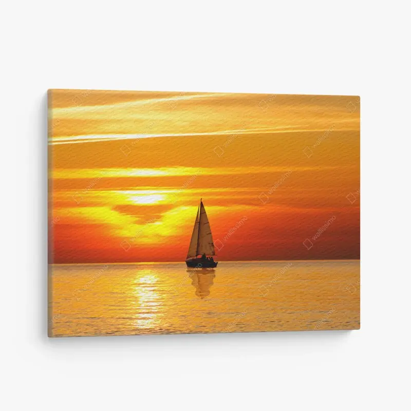 Leinwandbild goldener sonnenuntergang mit segelboot