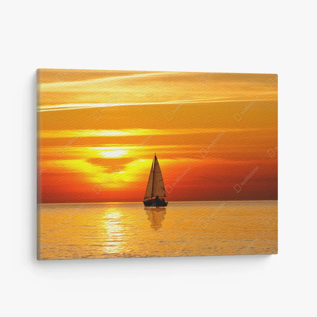 Leinwandbild goldener sonnenuntergang mit segelboot – Pixers®