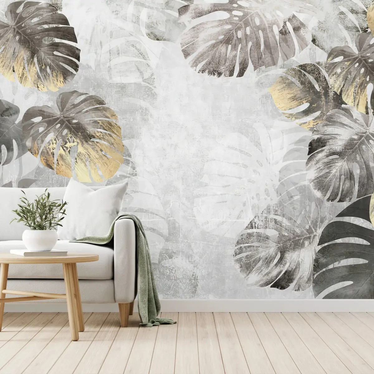 Fototapete MONSTERA BLÄTTER GOLD GRAU TROPISCH FÜR WOHNZIMMER – Pixers®