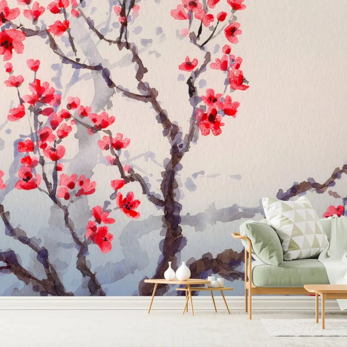 Fototapete ROTE BLÜTEN CHINA BAUM FRÜHLING FÜR WOHNZIMMER – Pixers®