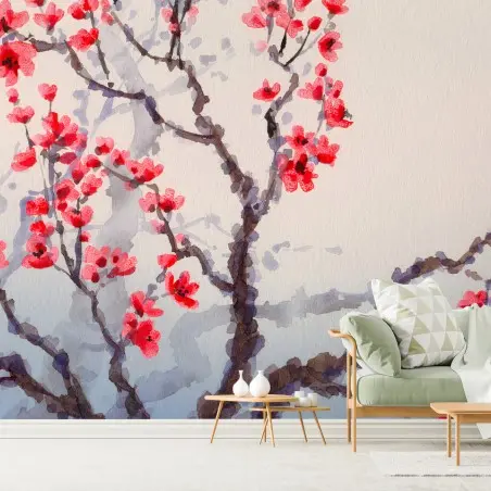 Fototapete ROTE BLÜTEN CHINA BAUM FRÜHLING FÜR WOHNZIMMER – Pixers®