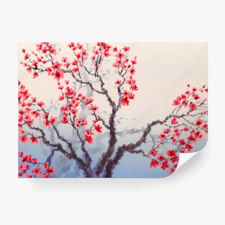 Fototapete ROTE BLÜTEN CHINA BAUM FRÜHLING FÜR WOHNZIMMER – Pixers®
