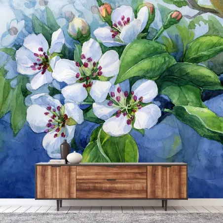 Fototapete BIRNE BLÜTE AQUARELL FRÜHLING NATUR FÜR WOHNZIMMER