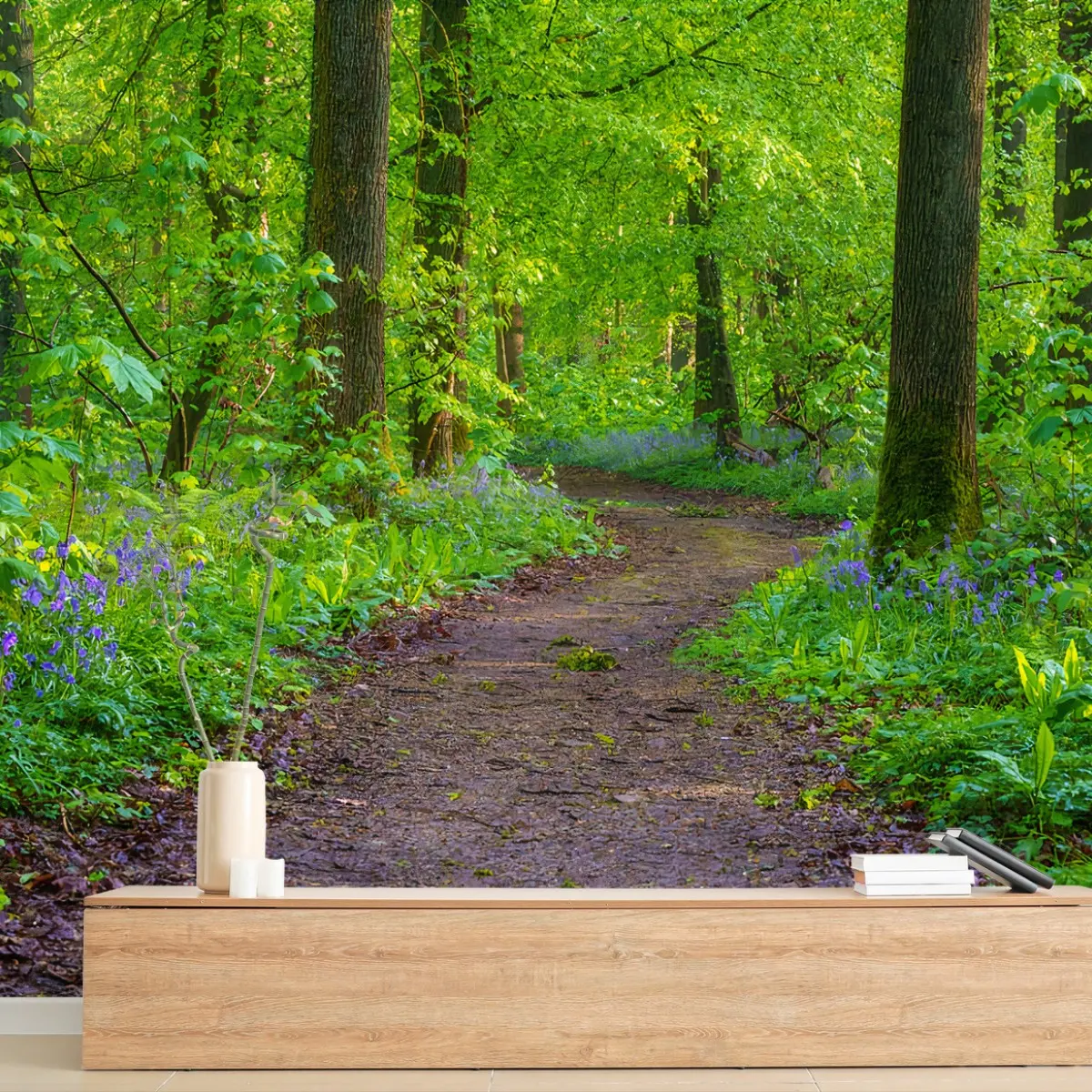 Fototapete WALD PFAD BÄUME GRÜN BLAU FÜRS WOHNZIMMER – Pixers®
