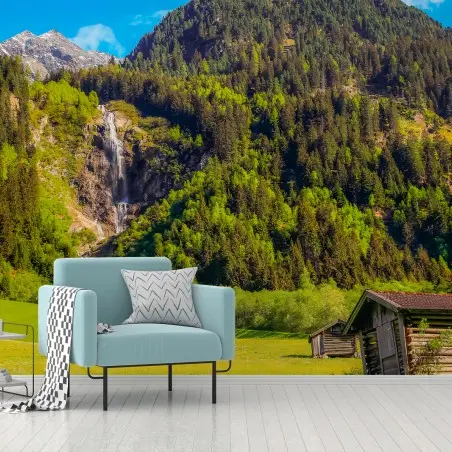 Fototapete BERG WASSERFALL NATUR HÜTTE WIESE FÜR WOHNZIMMER