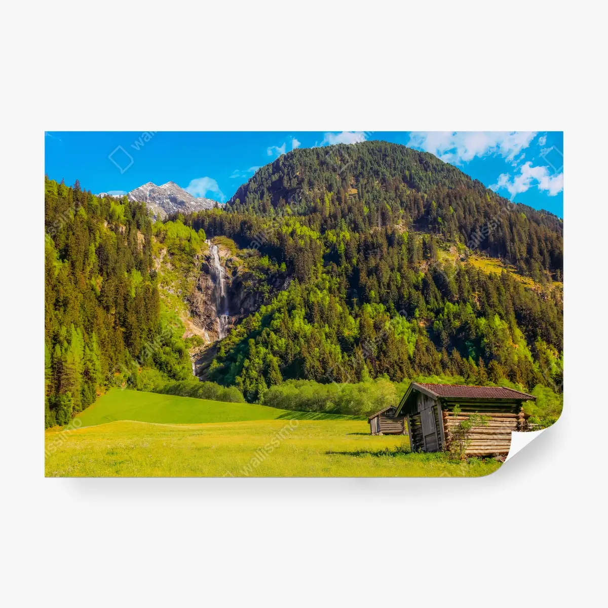 Fototapete BERG WASSERFALL NATUR HÜTTE WIESE FÜR WOHNZIMMER – Pixers®