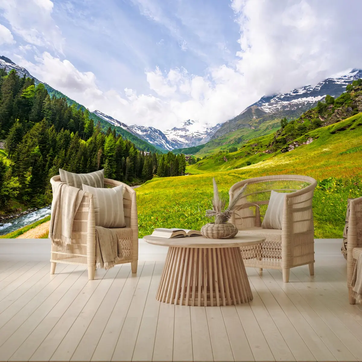 Fototapete BERGE TAL ALPEN GRÜN LANDSCHAFT FÜR WOHNZIMMER – Pixers®