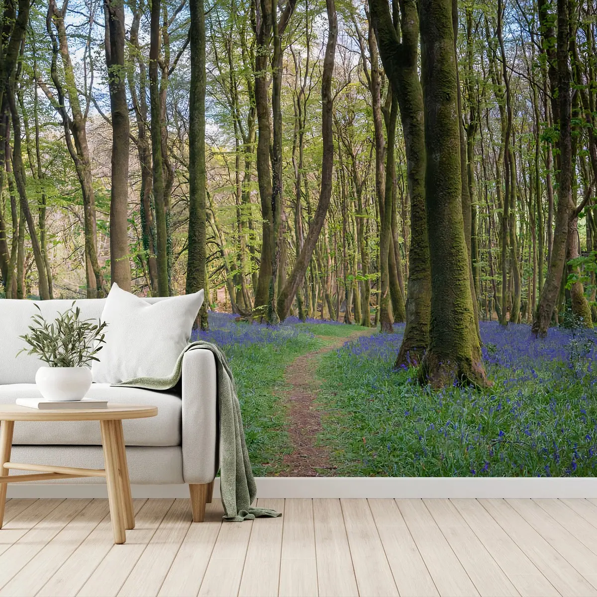 Fototapete WALD BLAU BLUMEN NATUR FRÜHLING WEG FÜR WOHNZIMMER – Pixers®