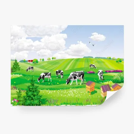 Fototapete LANDSCHAFT KÜHE GRÜNE WIESE SOMMER FÜR WOHNZIMMER – Pixers®
