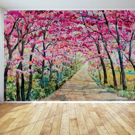 Fototapete KIRSCHE ROSA FRÜHLING AQUARELL ALLEE FÜR WOHNZIMMER – Pixers®