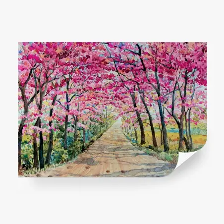 Fototapete KIRSCHE ROSA FRÜHLING AQUARELL ALLEE FÜR WOHNZIMMER – Pixers®