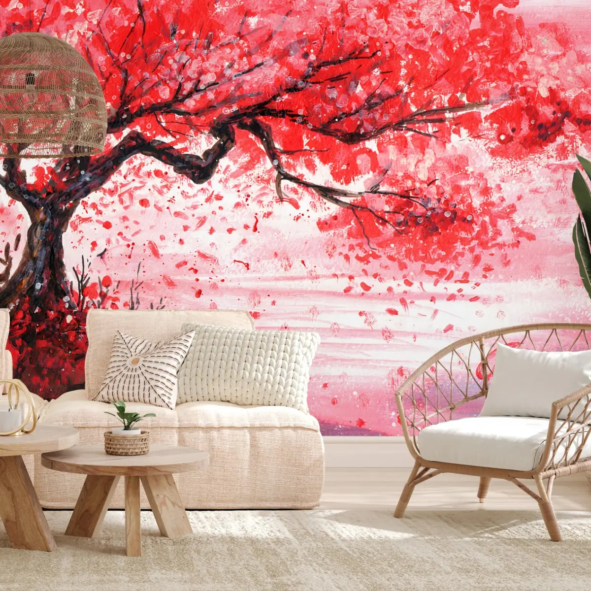 Fototapete ROT KIRSCHE BAUM AQUARELL ZEN FÜR WOHNZIMMER – Pixers®