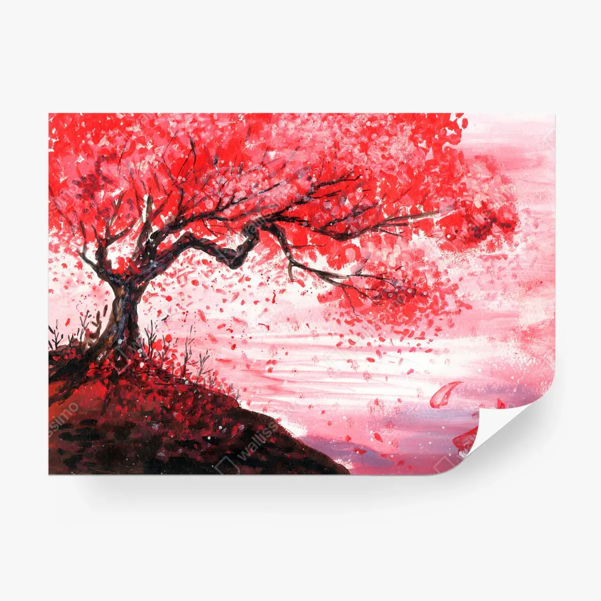 Fototapete ROT KIRSCHE BAUM AQUARELL ZEN FÜR WOHNZIMMER – Pixers®