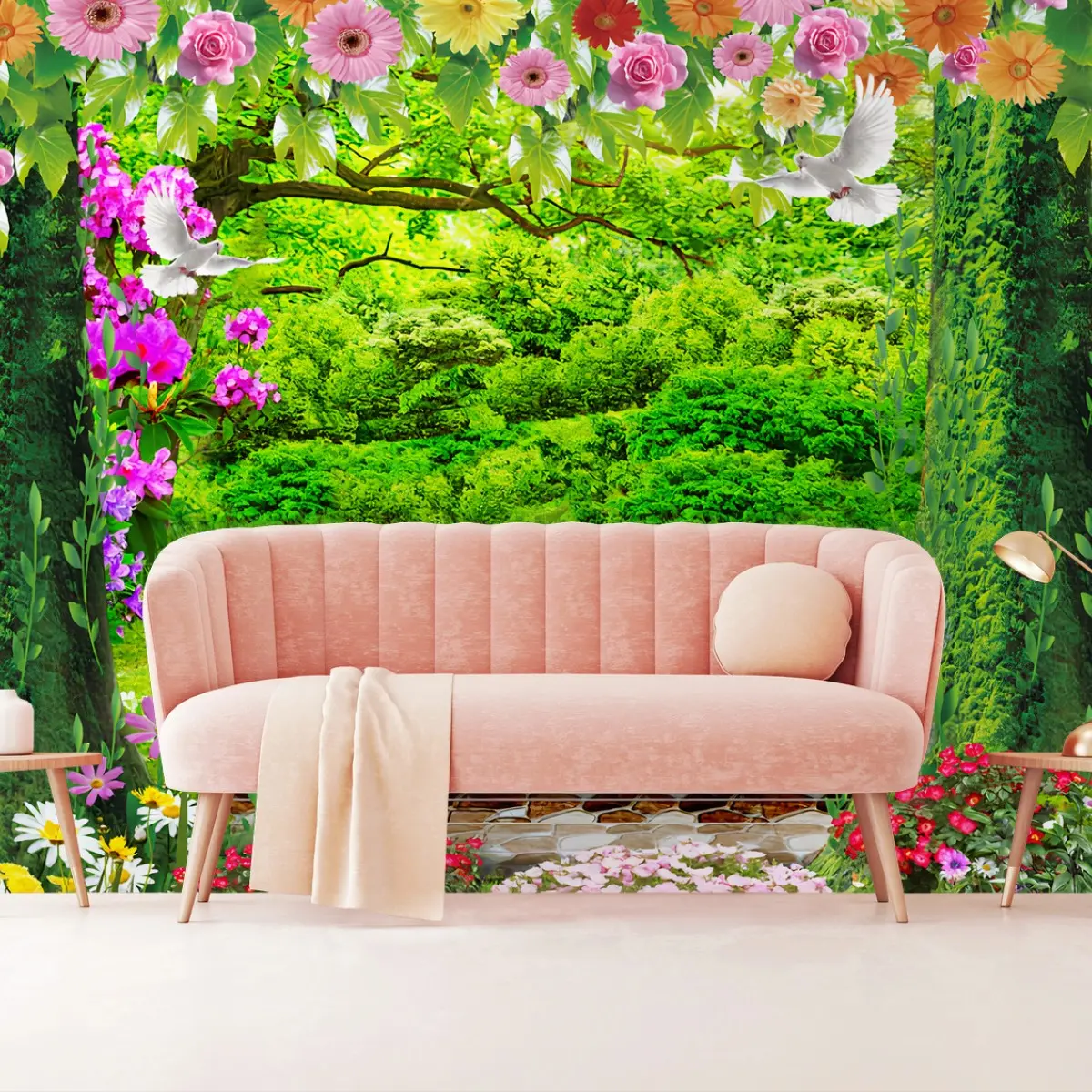 Fototapete BLUMEN GARTEN GRÜN NATUR ROMANTISCH FÜR WOHNZIMMER – Pixers®