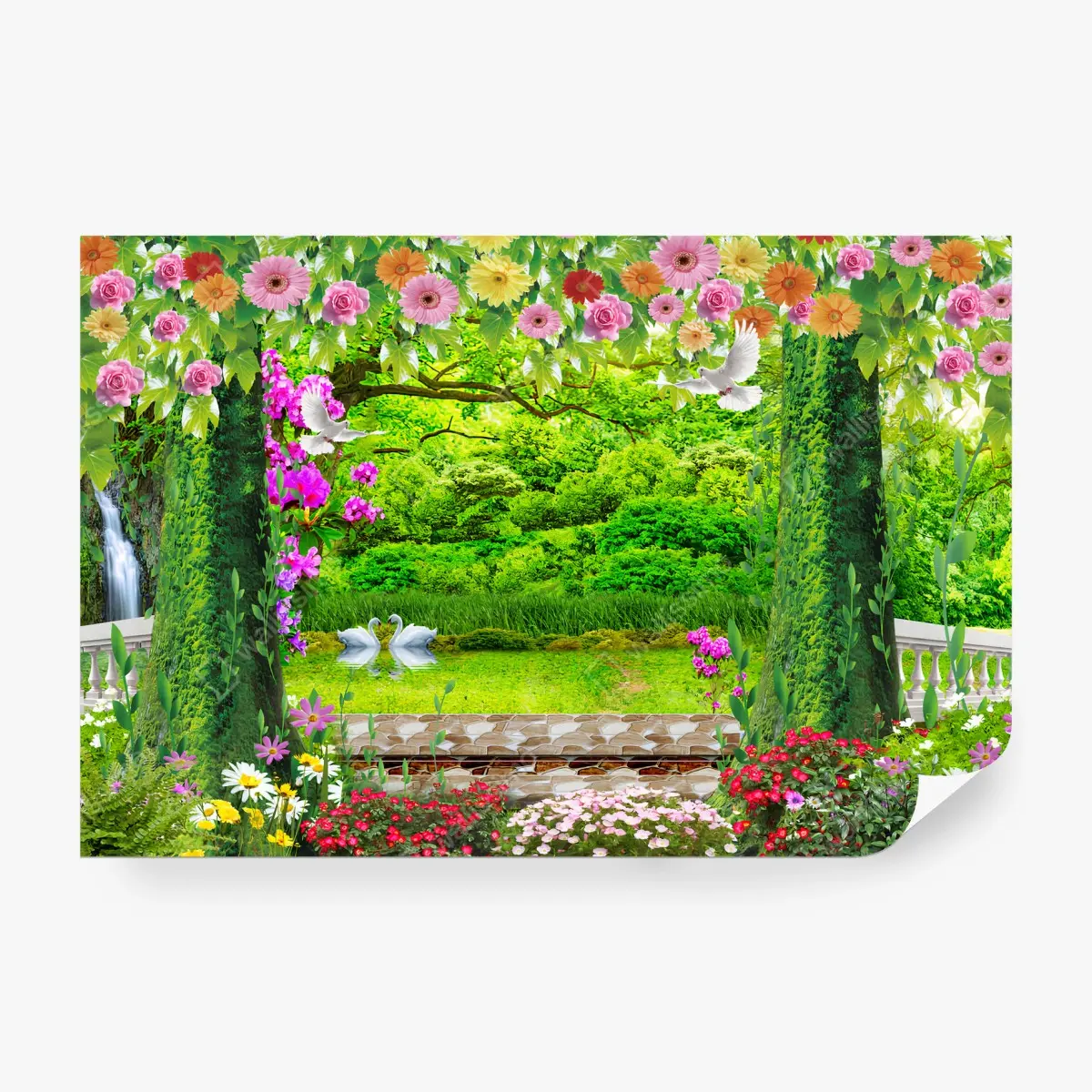 Fototapete BLUMEN GARTEN GRÜN NATUR ROMANTISCH FÜR WOHNZIMMER – Pixers®