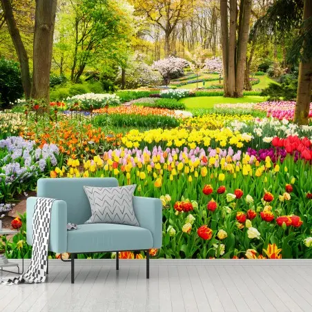 Fototapete TULPEN FRÜHLING GARTEN BLUMEN BUNT FÜR WOHNZIMMER