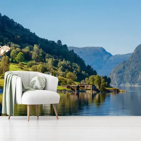 Fototapete FJORD SEE BERGE DORF LANDSCHAFT FÜR WOHNZIMMER