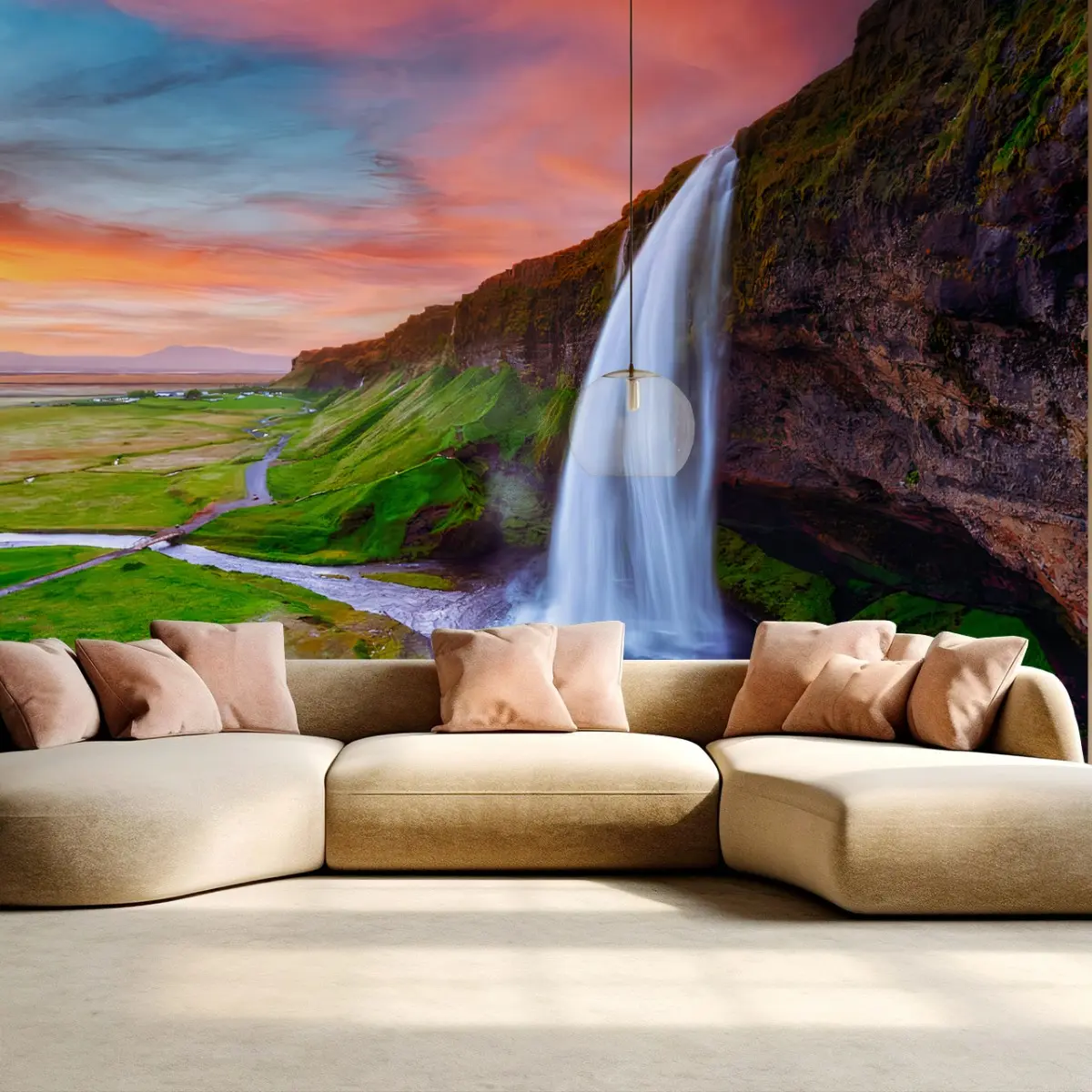 Fototapete WASSERFALL SONNE NATUR GRÜN PANORAMA FÜR WOHNZIMMER – Pixers®