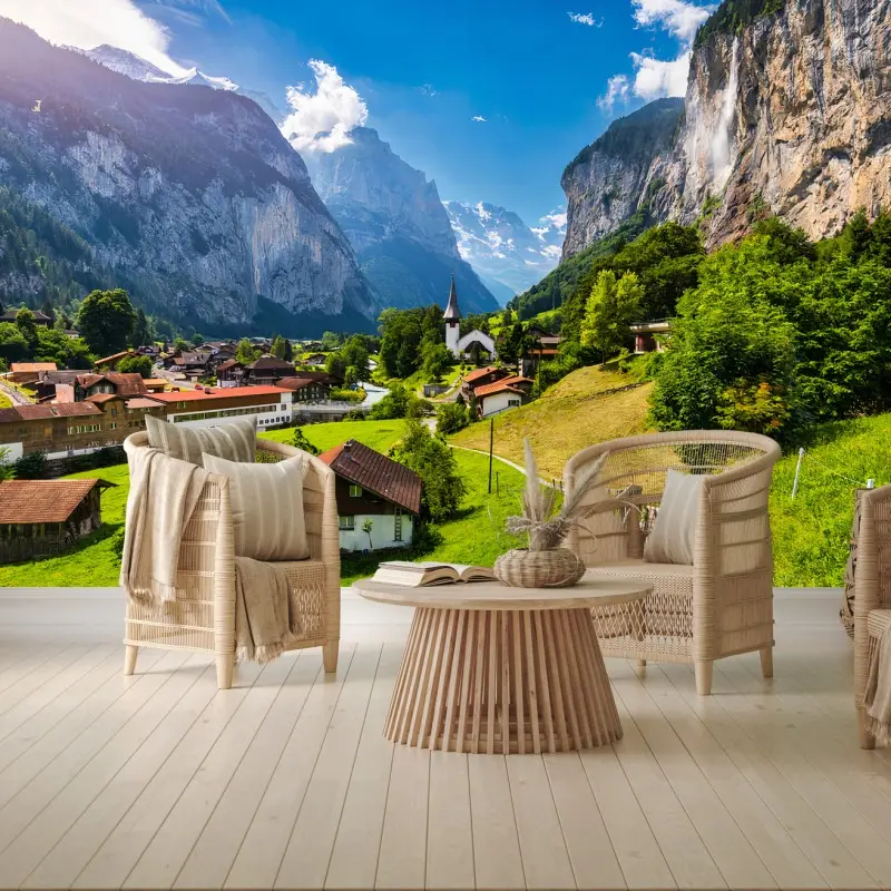 Fototapete ALPEN WASSERFALL DORF KIRCHE TAL FÜR WOHNZIMMER