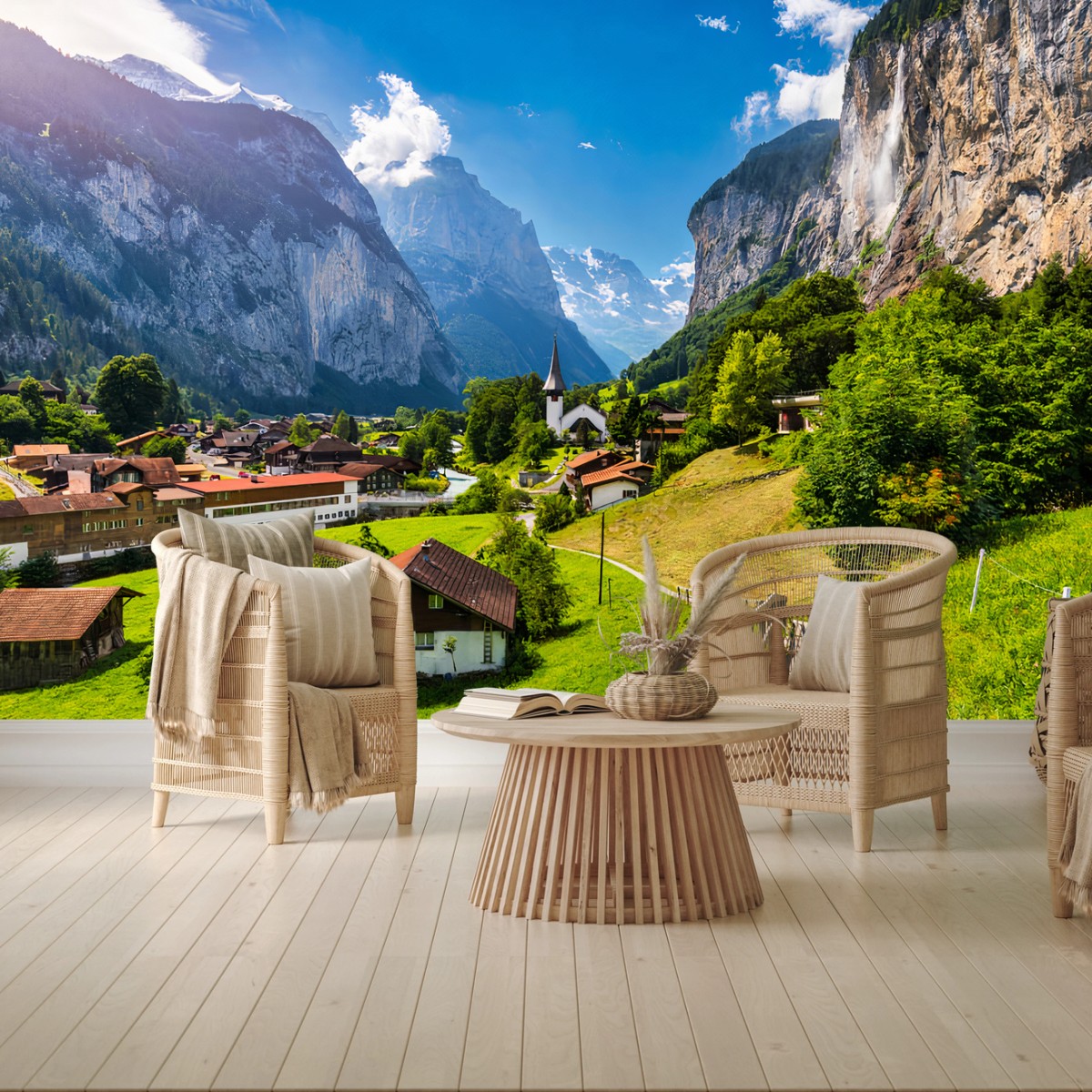 Fototapete ALPEN WASSERFALL DORF KIRCHE TAL FÜR WOHNZIMMER – Pixers®